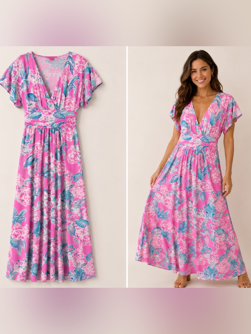 LILLY PULITZER Sz XS Verona Flutter Maxi Dress Pink Floral Print